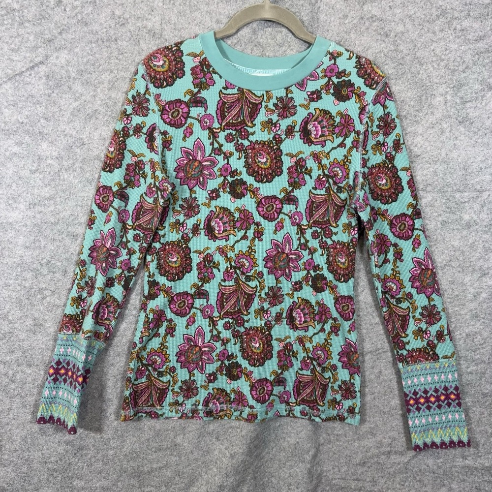 Sundance Thermal Waffle Knit Top Womens Sz M Blue Floral Button Cuff Boho